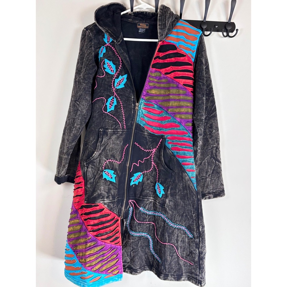 Rising International Womens Acid Wash Patchwork Embroidered Long Zip Hoodie L
